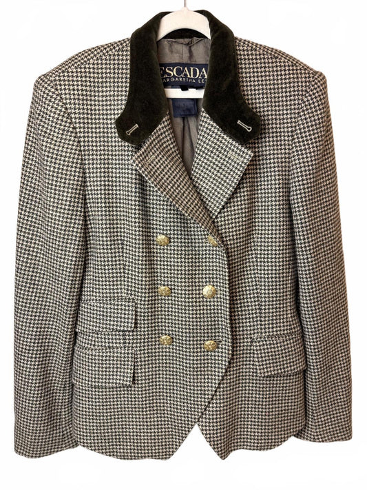Vintage ESCADA Margaretha Ley Houndstooth Wool Cashmere Blazer Gold Buttons FLAW EU 36