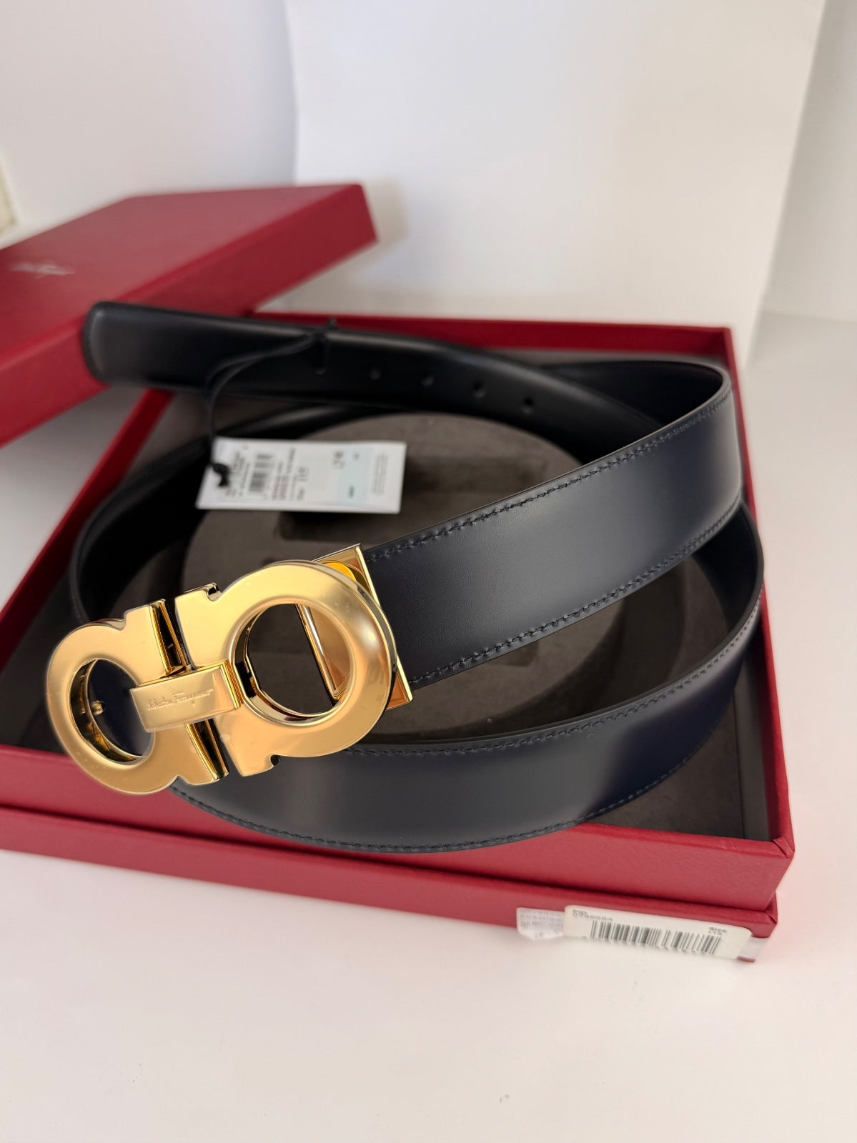Ferragamo Men’s Reversible Leather Belt Gift Set Black Navy Adjustable Size 115 NWT FULL SET