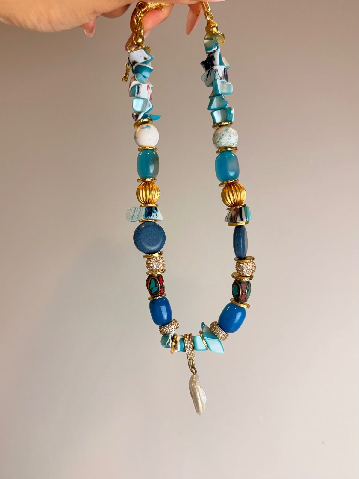 Handmade Natural Stone Statement Necklace with Pearl Drop Gold Tone Boho Luxe