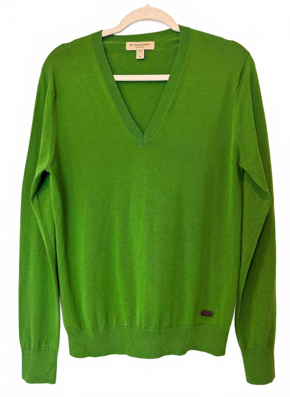 Burberry London Unisex Green V Neck Cotton Knit Sweater Pullover SZ M Old Money PRE-LOVED