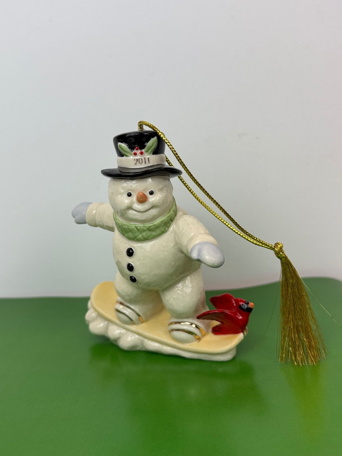 Lenox 2011 Annual Snowman Snowboarding Porcelain Christmas Ornament Cardinal PRE-OWNED