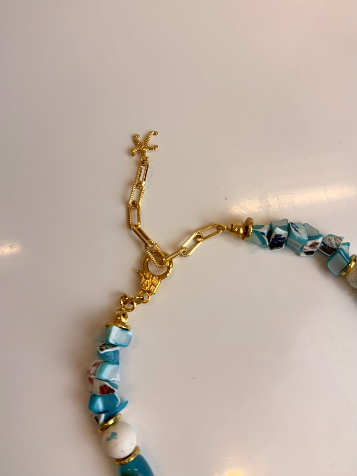 Handmade Natural Stone Statement Necklace with Pearl Drop Gold Tone Boho Luxe