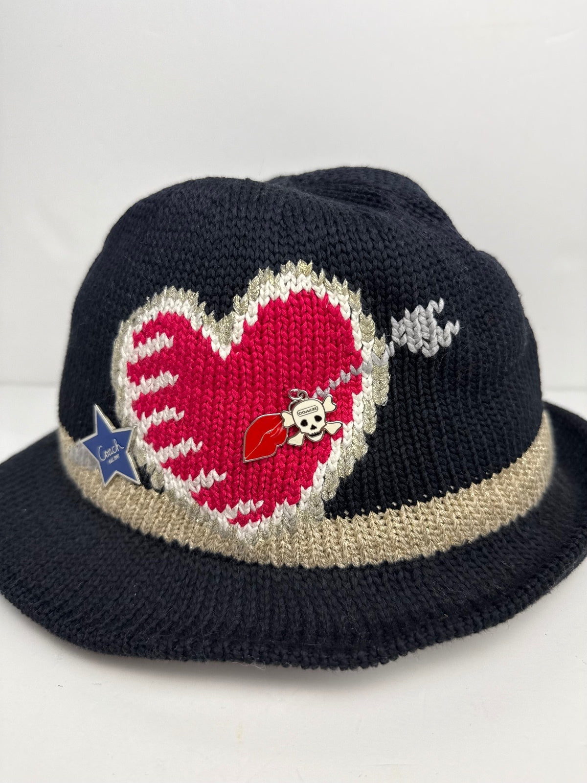 Coach RARE Poppy Brooke Heart Fedora Hat P/S Black Knit Gold Spring 2010 PRE-OWNED