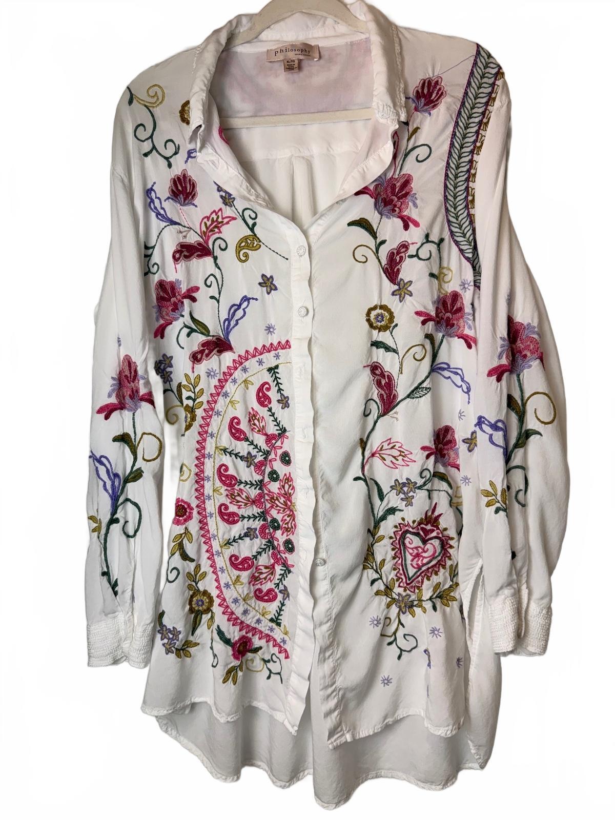 Philosophy Embroidered Boho Floral Tunic Shirt XL 100% Rayon