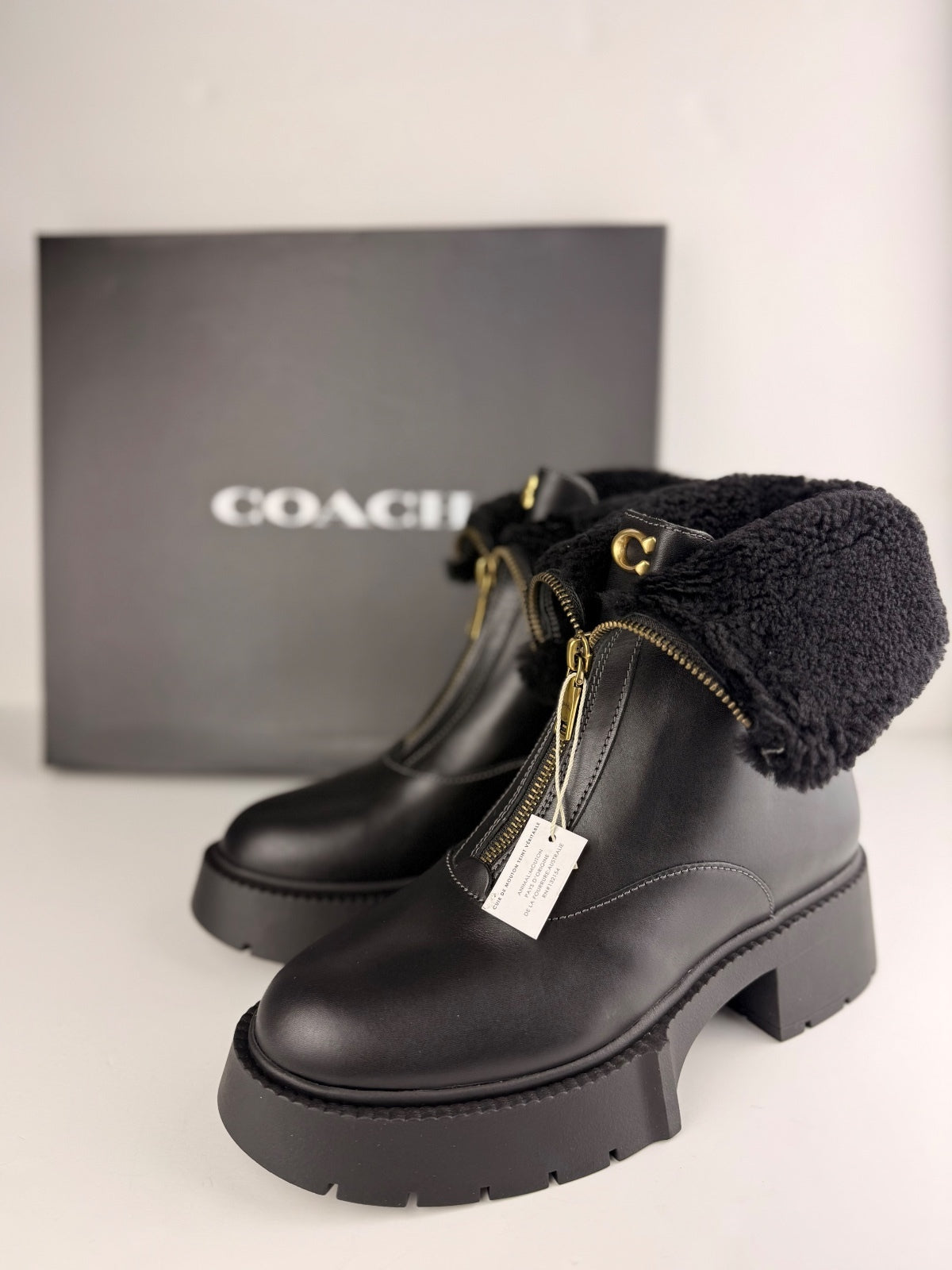 COACH Leah Genuine Shearling Trim Platform Zip Bootie Size 9 NEW WITH BOX