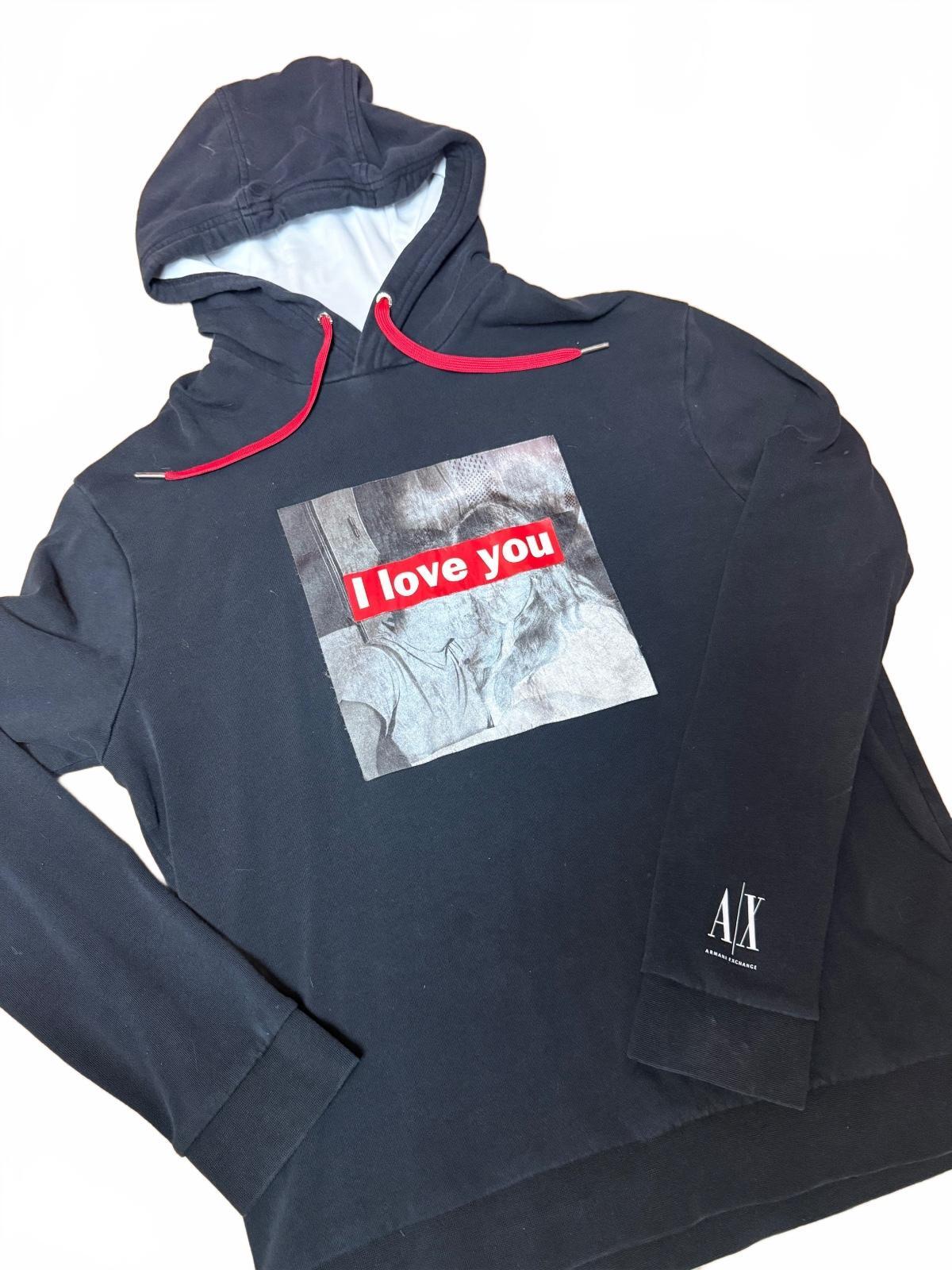Armani Exchange Unisex M Black Graphic Hoodie Red Drawstring Pullover PRE-OWNED