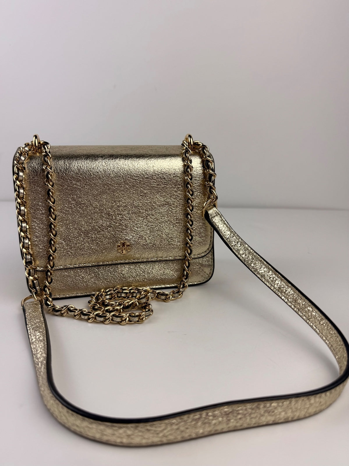 Tory Burch NWT Crinkle Metallic Mini Shoulder Bag Spark Gold 35629 Storage Marks