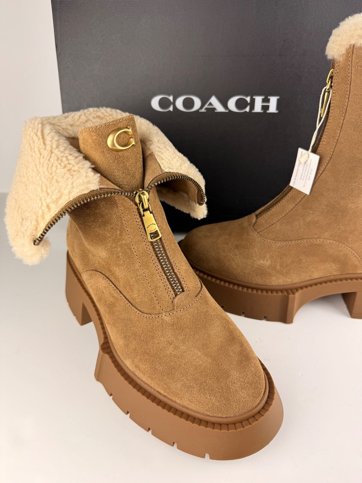 Coach Leah Platform Suede And Shearling Booties - Coconut/Natural Size 8.5