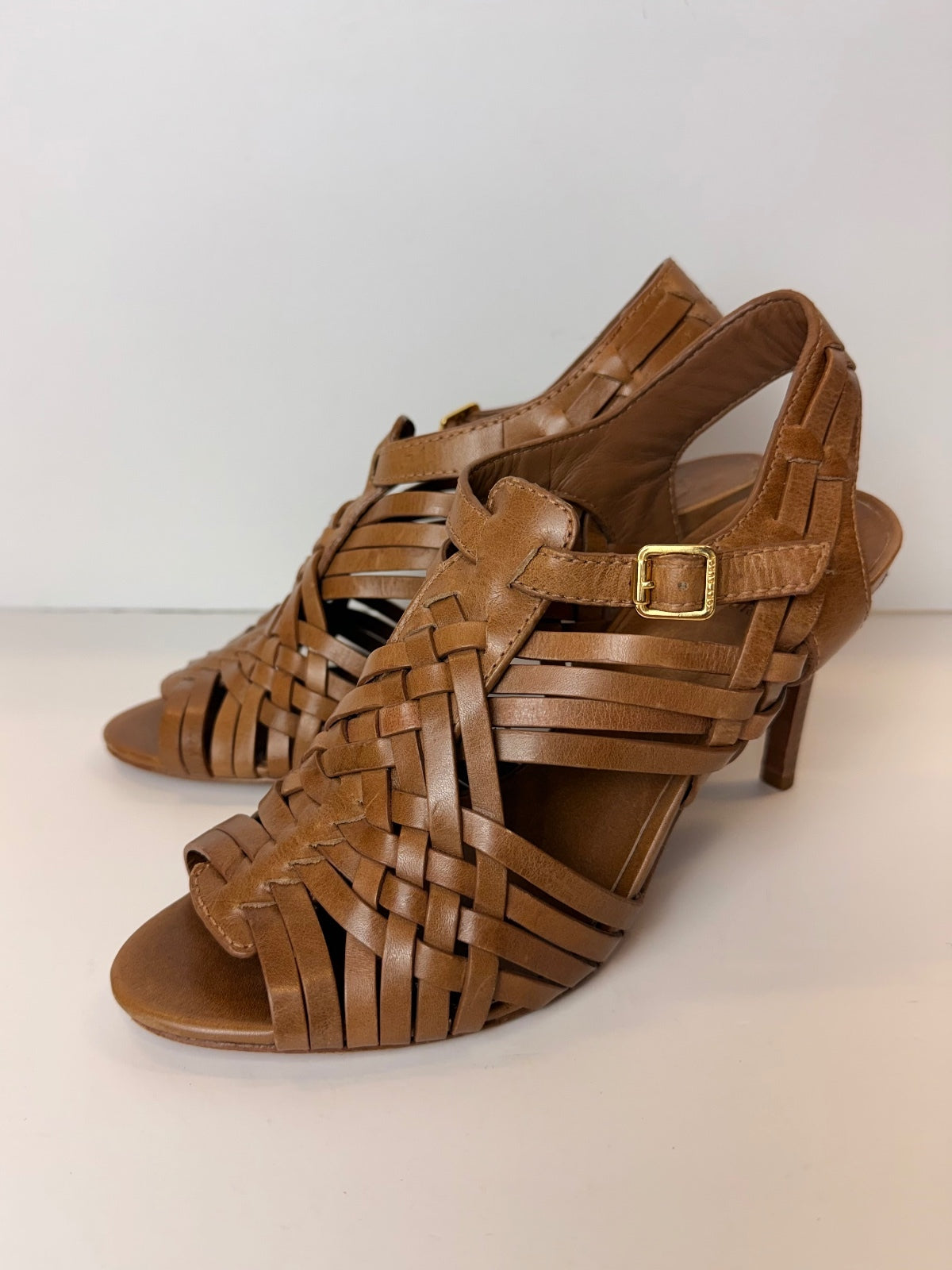 Tory Burch Nadia Tan Leather Woven Huarache Slingback Heels Sandals Size 7.5 PRE-OWNED