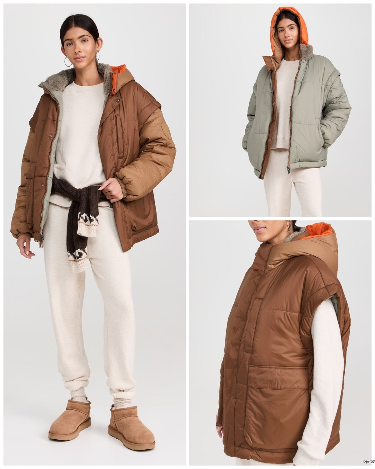 UGG Kristian Unisex 4-Way Reversible Puffer Jacket Vest S/M Moss Green Pecan PRE-OWNED