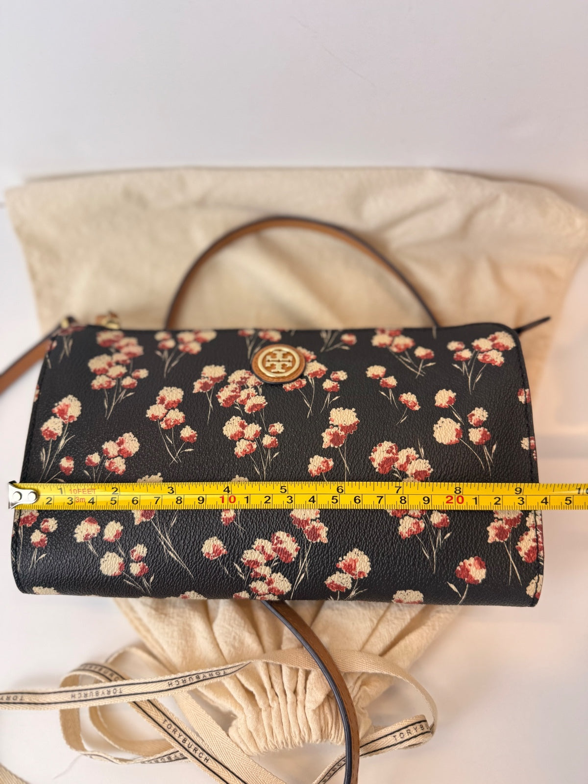 Tory Burch Kerrington Floral Crossbody Bag Black Red Gold Logo PRE-OWNED