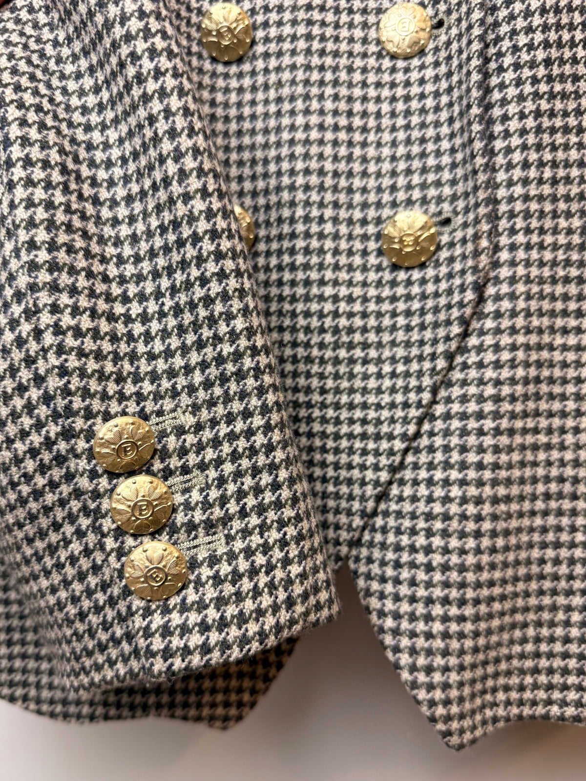 Vintage ESCADA Margaretha Ley Houndstooth Wool Cashmere Blazer Gold Buttons FLAW EU 36