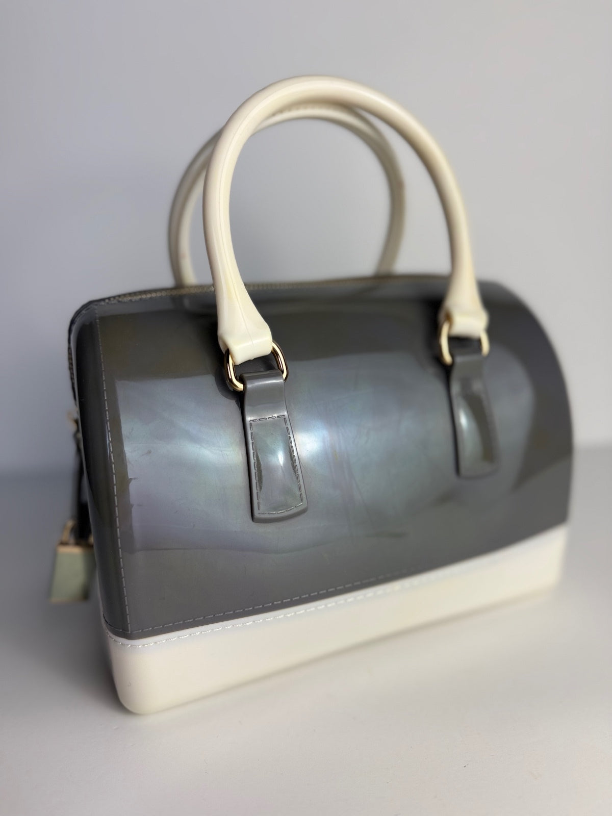 Jelly Candy Bag Gray Ivory Boston Satchel Top Handle Purse Lock Charm Handbag PRE-OWNED