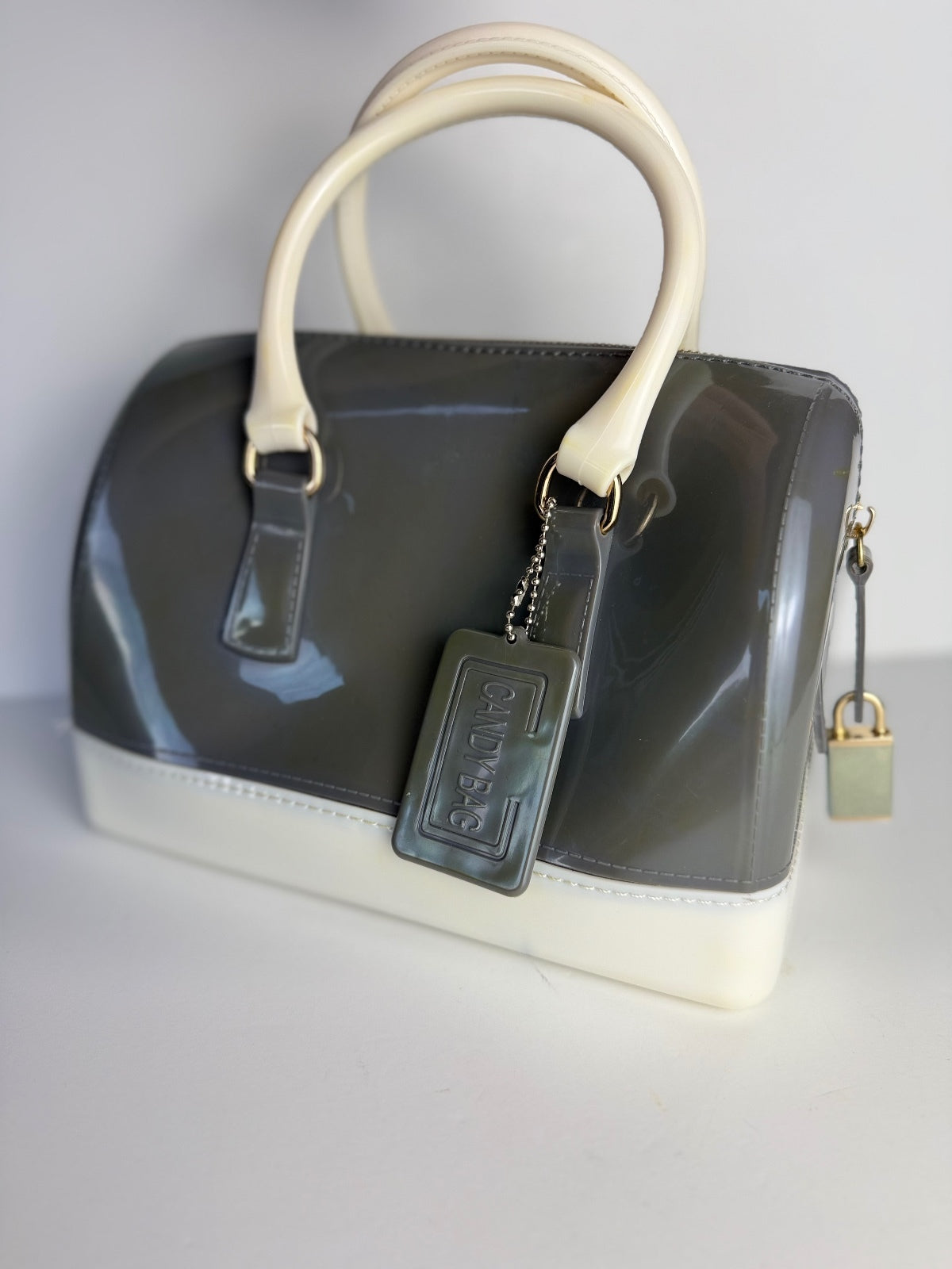 Jelly Candy Bag Gray Ivory Boston Satchel Top Handle Purse Lock Charm Handbag PRE-OWNED