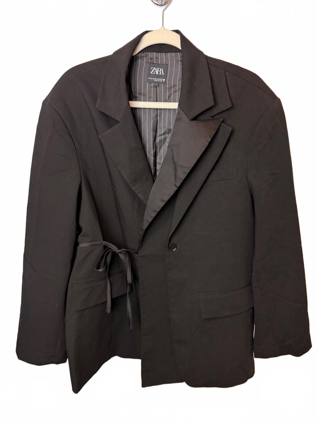 ZARA Black Label Oversized Blazer Double Lapel Tie Waist Black Size M-L PRE-OWNED EXCELLENT