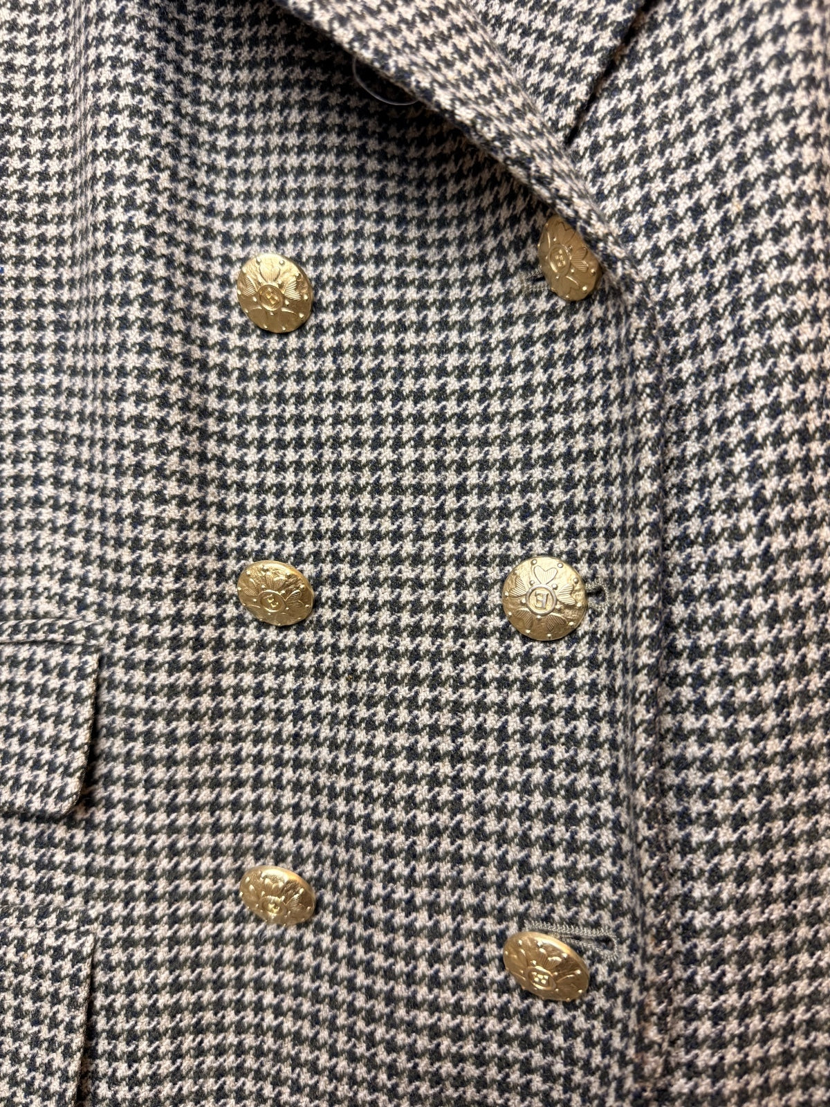 Vintage ESCADA Margaretha Ley Houndstooth Wool Cashmere Blazer Gold Buttons FLAW EU 36