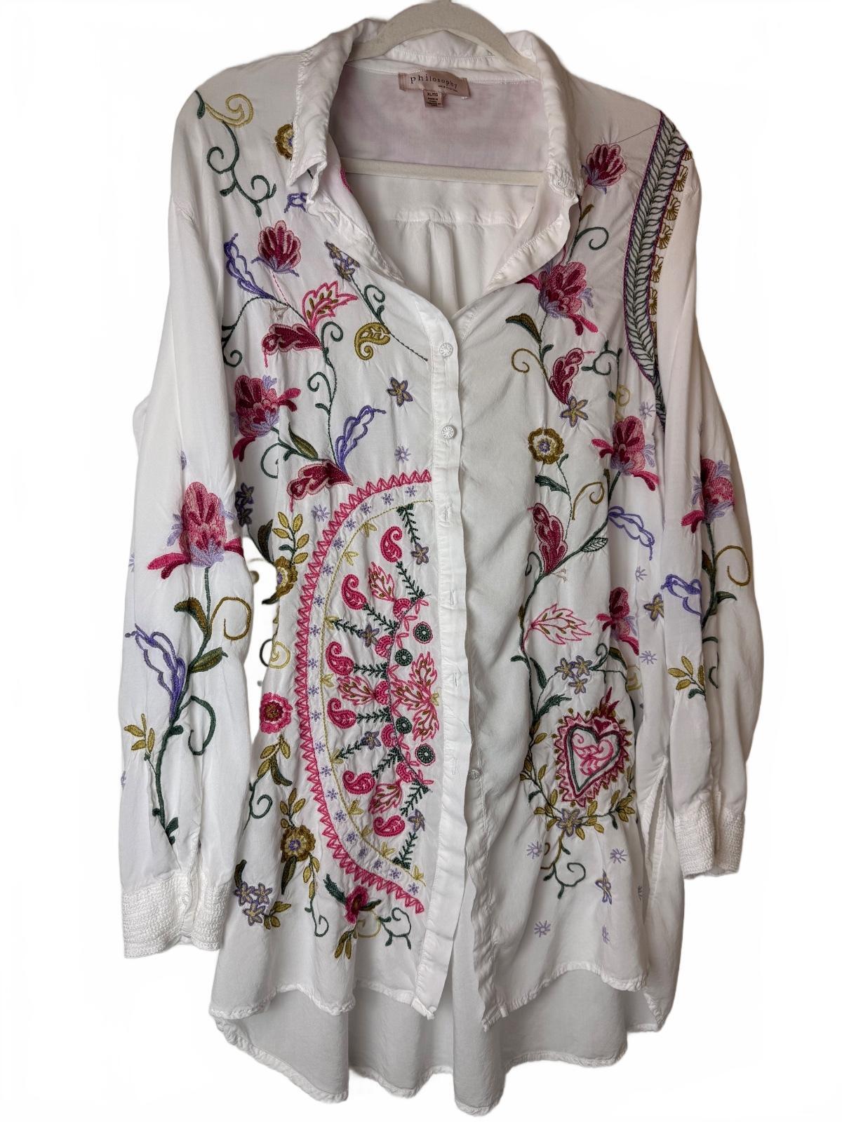 Philosophy Embroidered Boho Floral Tunic Shirt XL 100% Rayon
