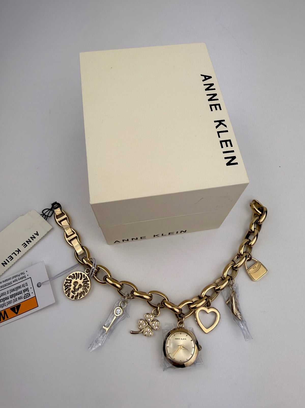 Anne Klein Gold Crystal Multi-Charm Bracelet Watch Heart Clover Key Heel NWT