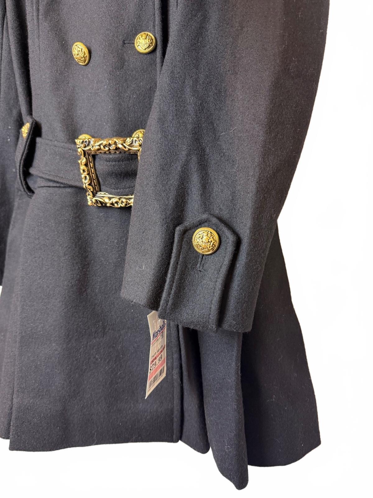 GUESS Y2K Black Wool Blend Military Double Breasted Belted Coat Gold Buttons L