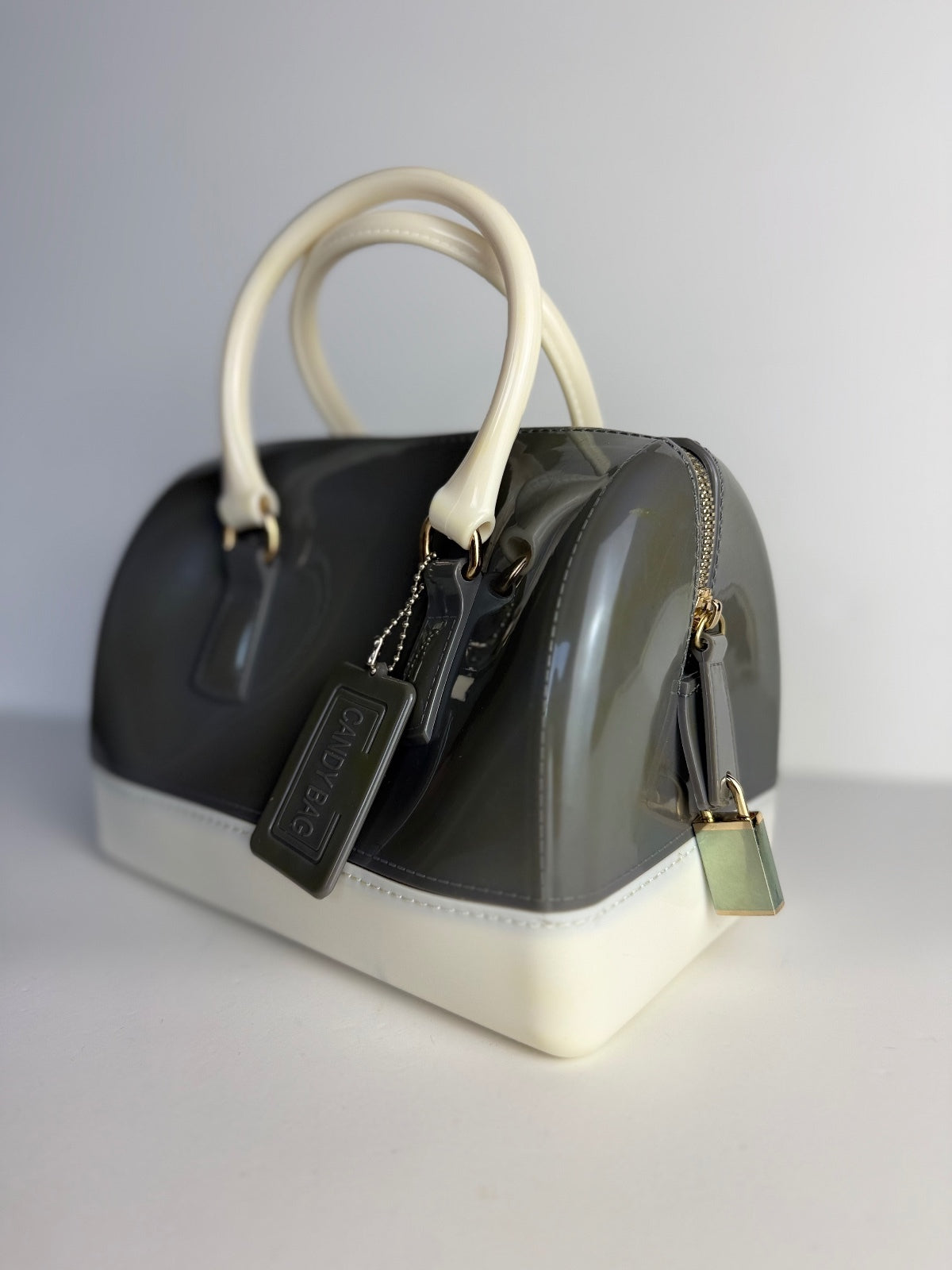 Jelly Candy Bag Gray Ivory Boston Satchel Top Handle Purse Lock Charm Handbag PRE-OWNED