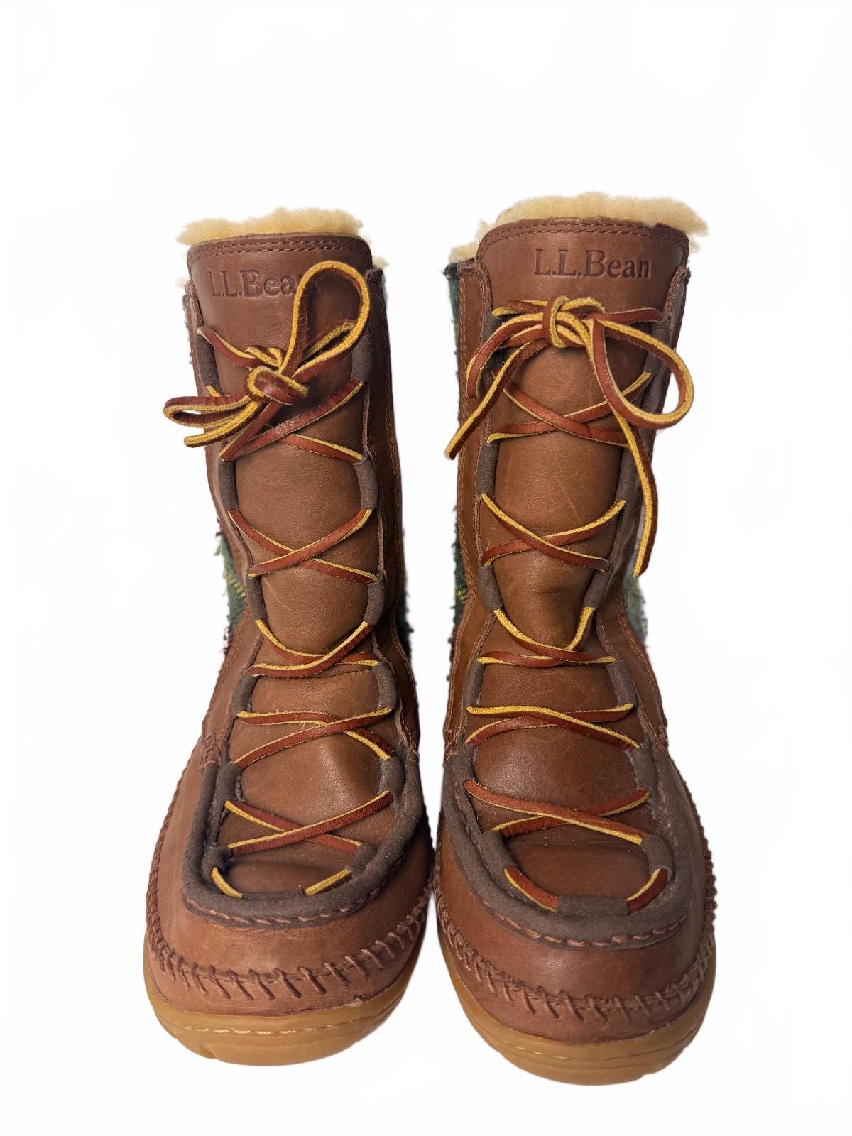 L.L.Bean Wicked Good Lodge Boots 10 M Brown Leather Wool Plaid Shearling Tall