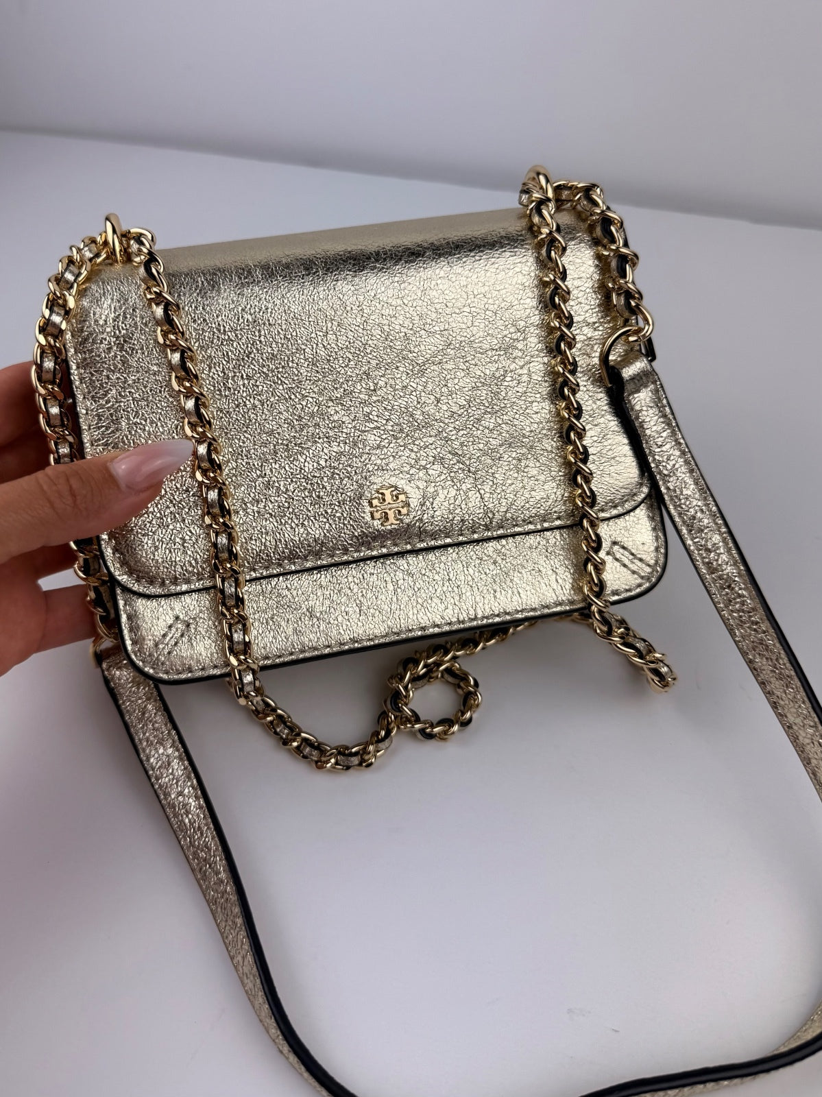 Tory Burch NWT Crinkle Metallic Mini Shoulder Bag Spark Gold 35629 Storage Marks