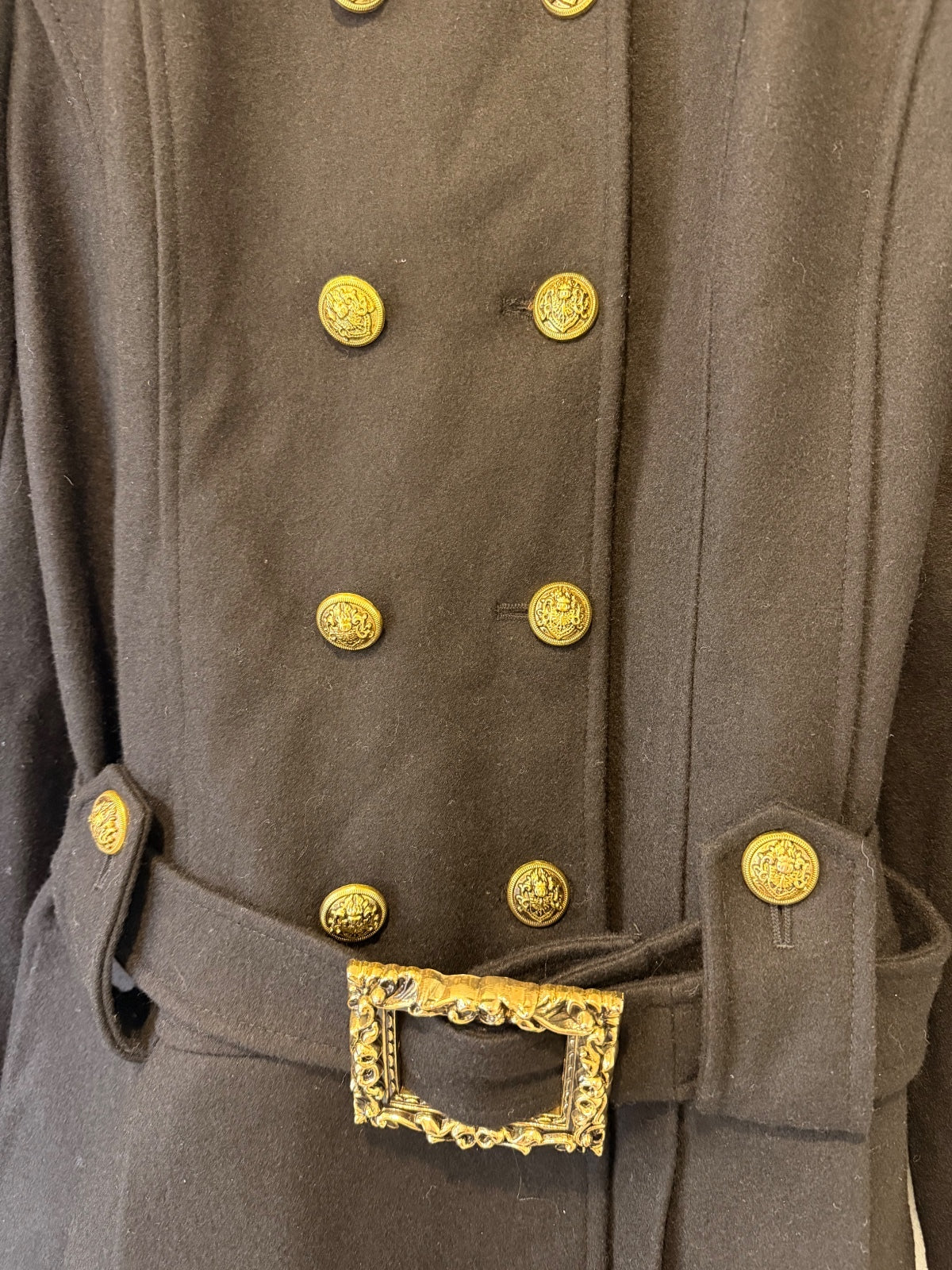 GUESS Y2K Black Wool Blend Military Double Breasted Belted Coat Gold Buttons L