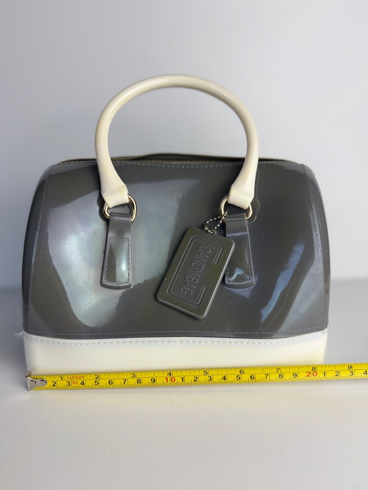Jelly Candy Bag Gray Ivory Boston Satchel Top Handle Purse Lock Charm Handbag PRE-OWNED