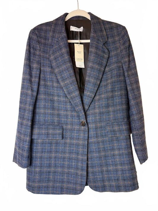MANGO Paola Blue Plaid Wool Blend Blazer Jacket Women’s S NWT