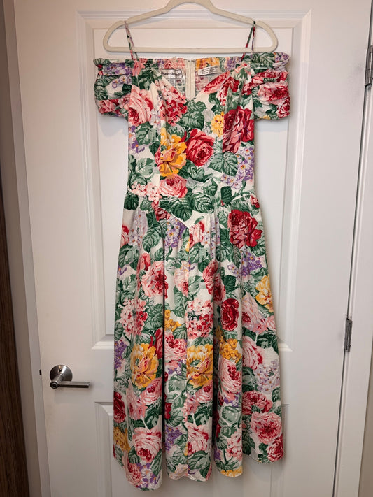 Karin Stevens Vintage 100% Cotton Floral Off Shoulder Prairie Midi Dress Size 12 PRE-OWNED