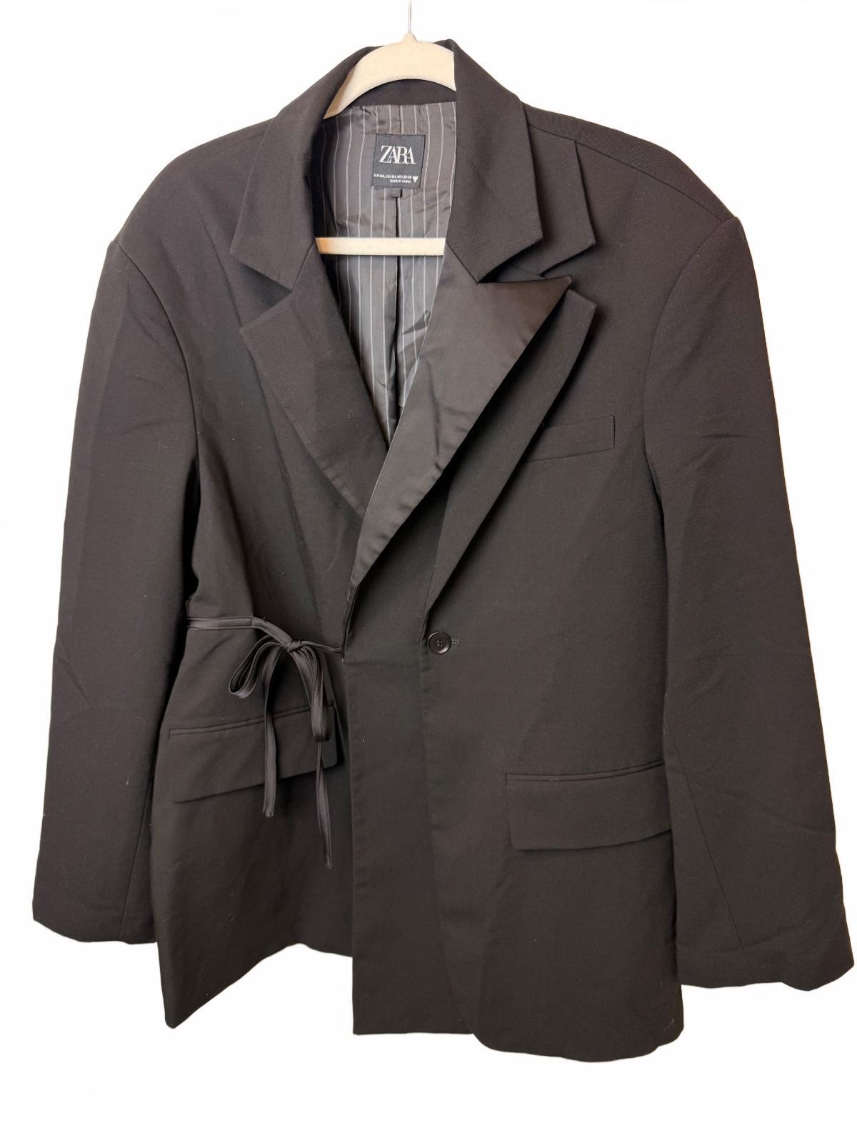 ZARA Black Label Oversized Blazer Double Lapel Tie Waist Black Size M-L PRE-OWNED EXCELLENT