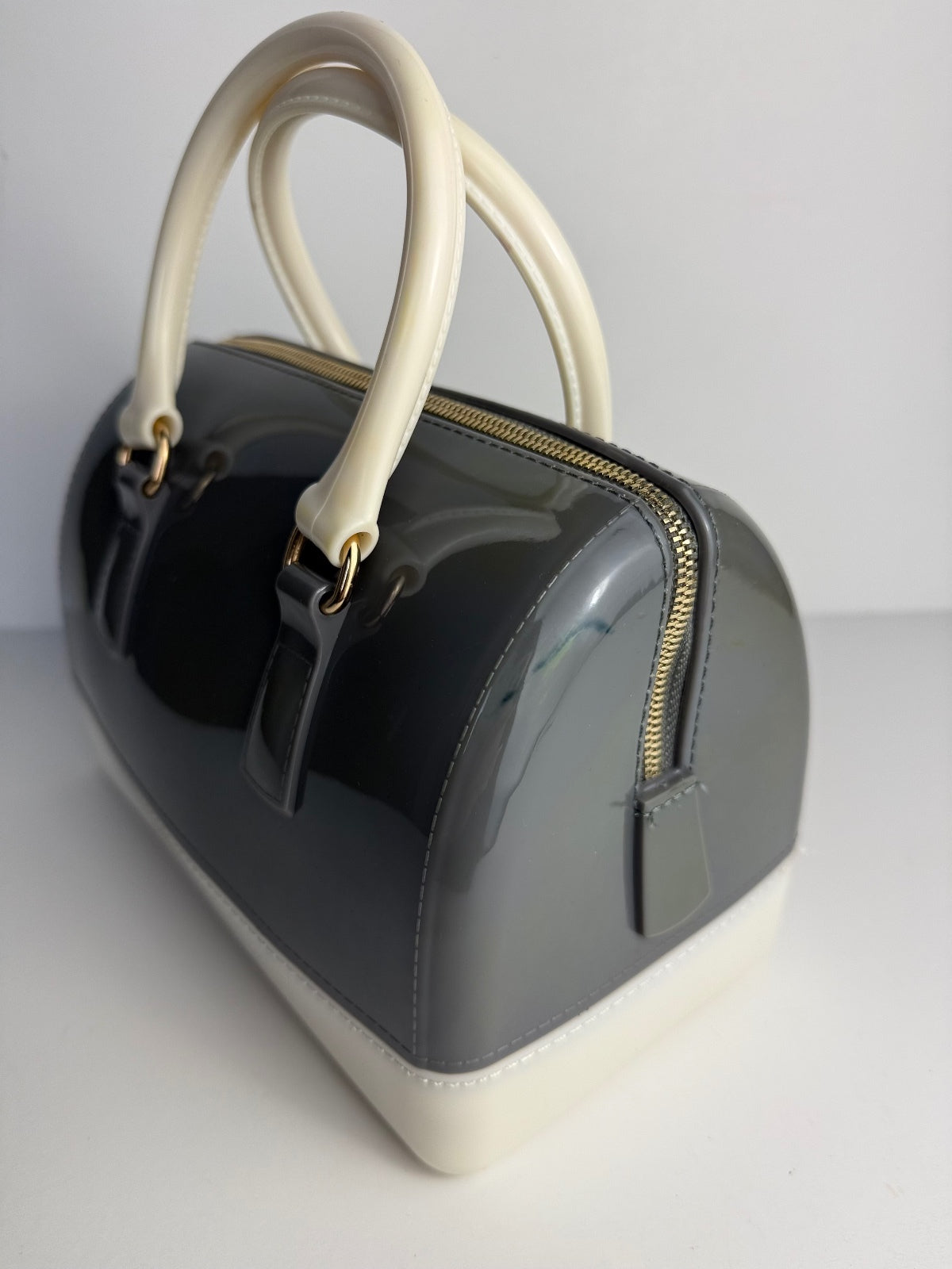 Jelly Candy Bag Gray Ivory Boston Satchel Top Handle Purse Lock Charm Handbag PRE-OWNED