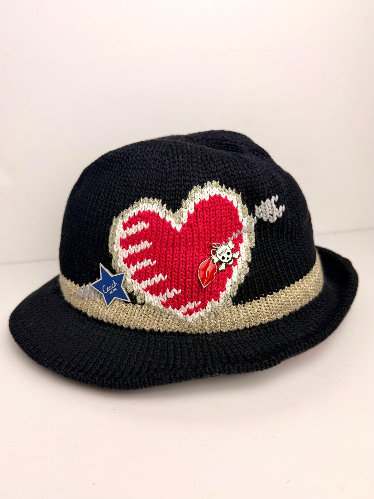 Coach RARE Poppy Brooke Heart Fedora Hat P/S Black Knit Gold Spring 2010 PRE-OWNED