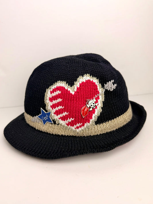 Coach RARE Poppy Brooke Heart Fedora Hat P/S Black Knit Gold Spring 2010 PRE-OWNED