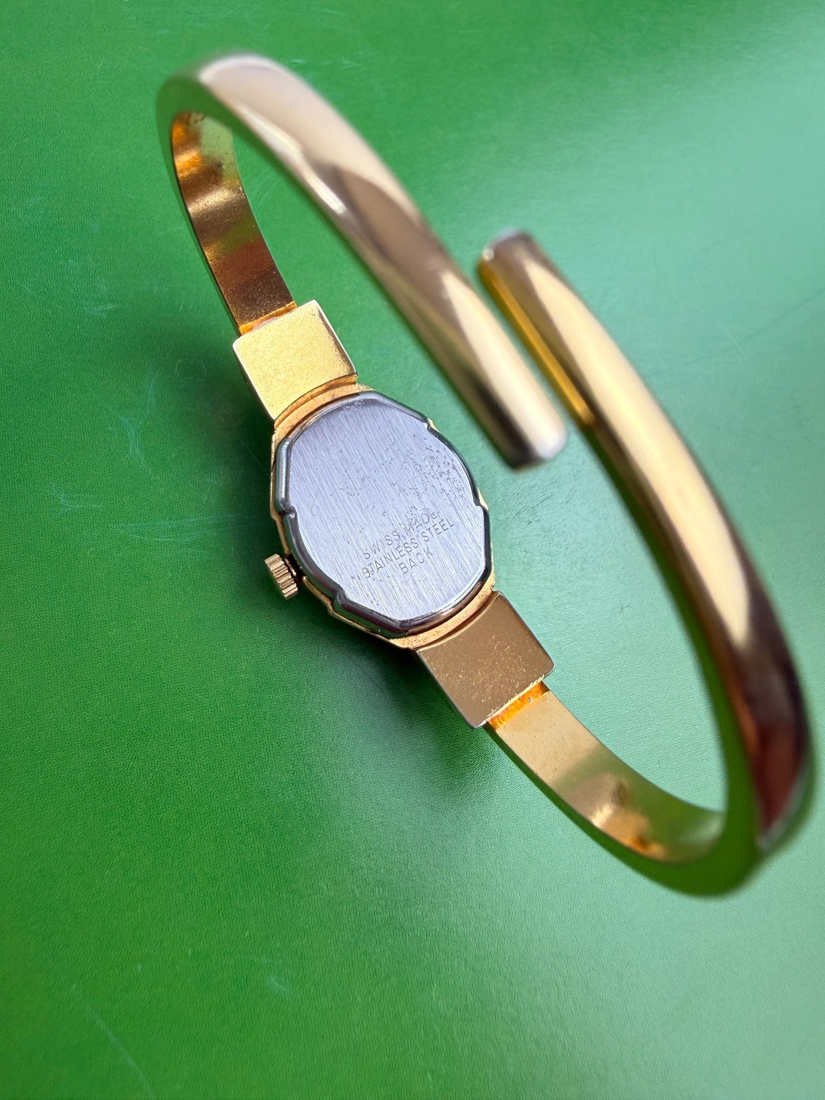 Vintage Swiss Made Peekaboo Hidden Watch Floral Enamel Gold Tone Bangle Bracelet PRE-OWNED