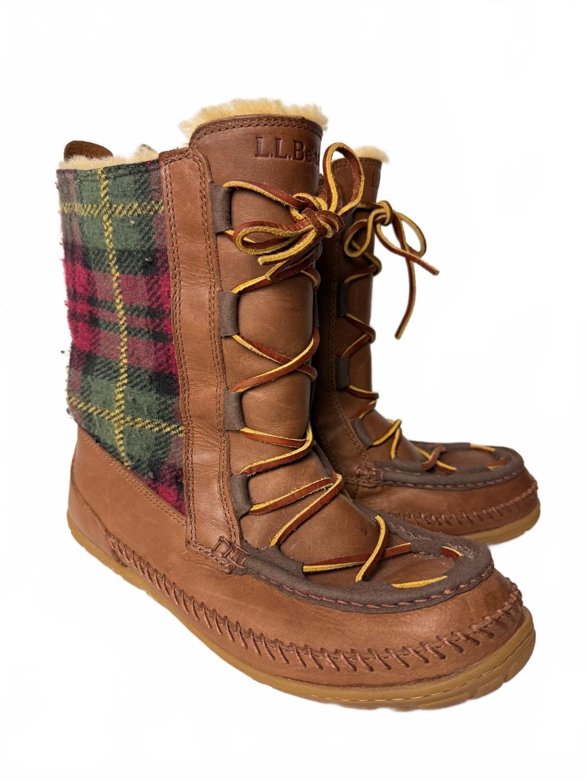 L.L.Bean Wicked Good Lodge Boots 10 M Brown Leather Wool Plaid Shearling Tall
