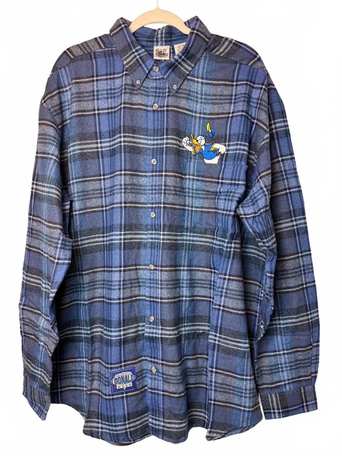 Vintage Disney Donald Duck Blue Plaid Flannel Button Down Shirt XL 100% Cotton NWOT