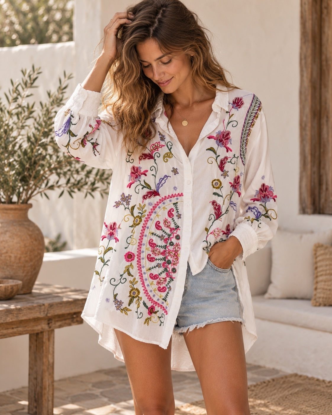 Philosophy Embroidered Boho Floral Tunic Shirt XL 100% Rayon