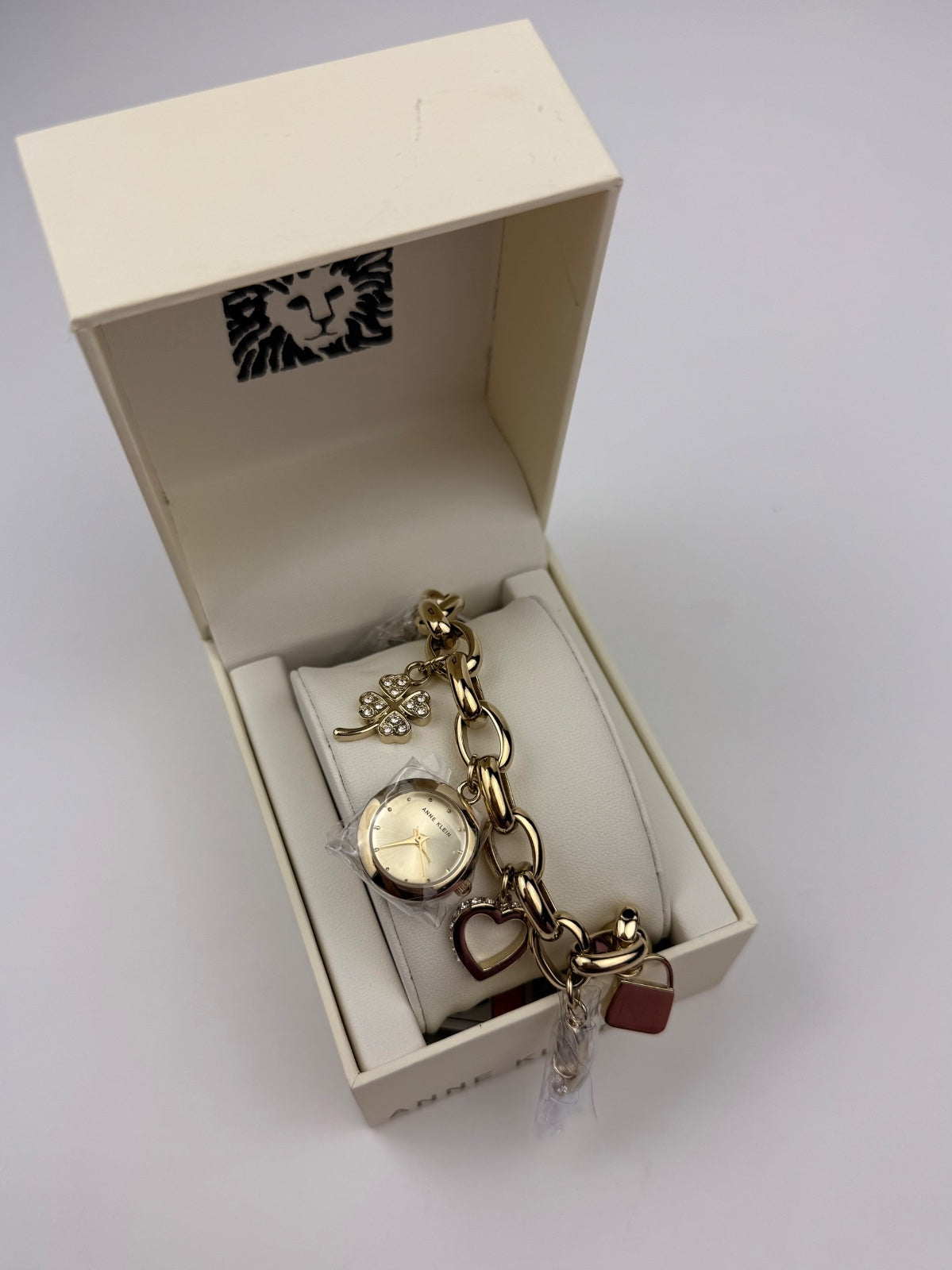 Anne Klein Gold Crystal Multi-Charm Bracelet Watch Heart Clover Key Heel NWT