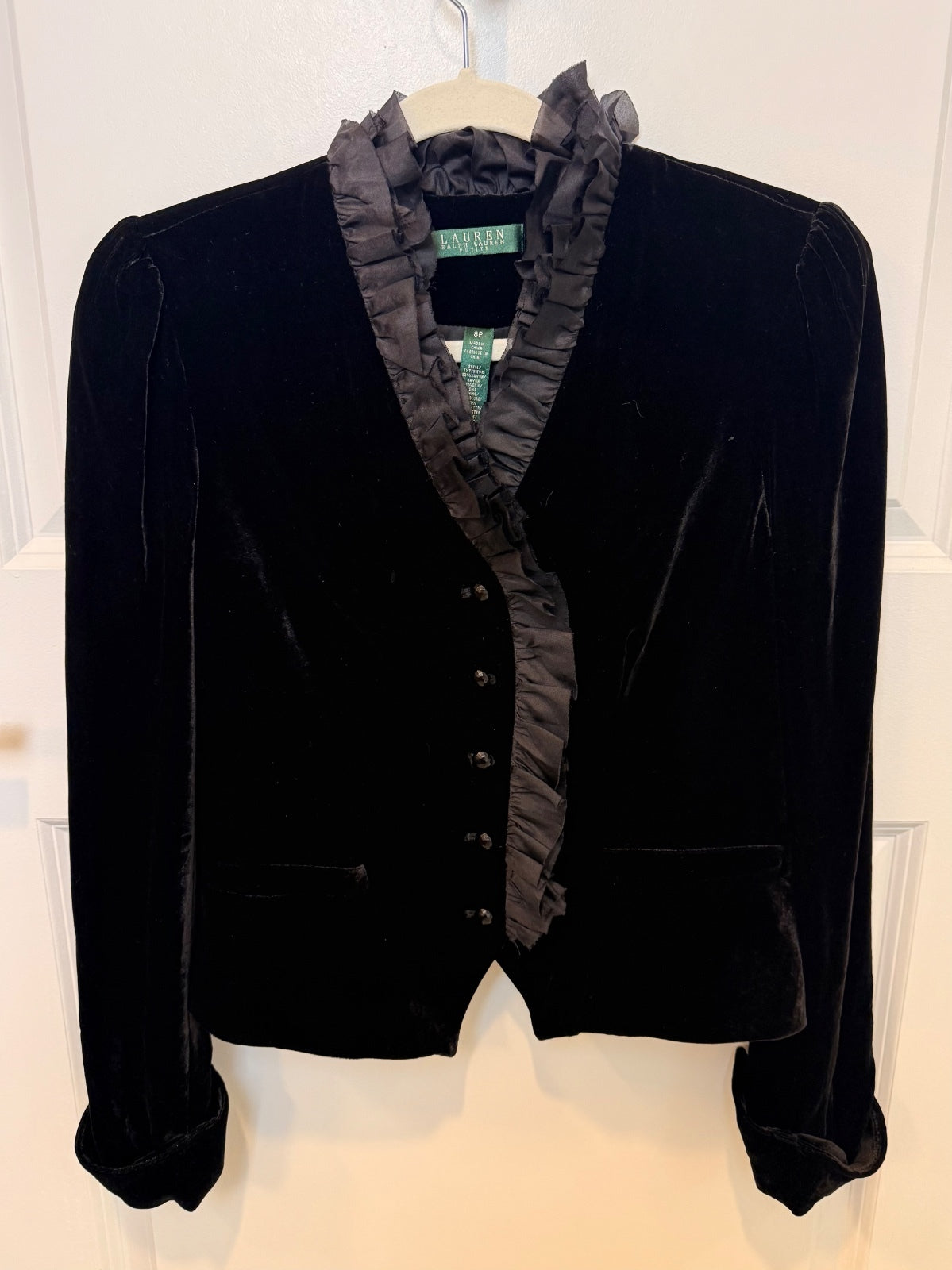 Lauren Ralph Lauren Black Velvet Silk Ruffle Riding Jacket Blazer Size 8P PRE-OWNED