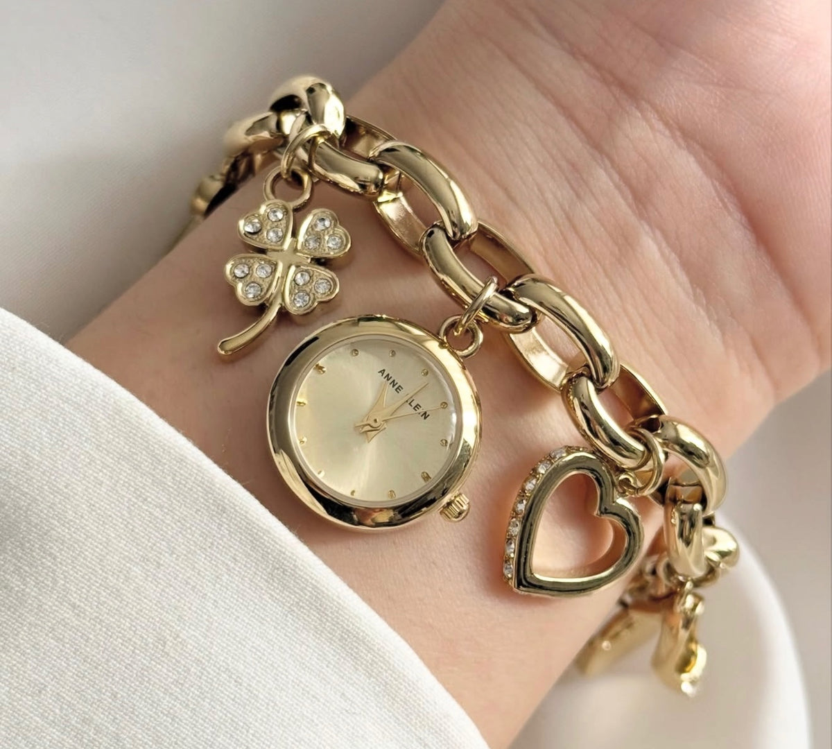 Anne Klein Gold Crystal Multi-Charm Bracelet Watch Heart Clover Key Heel NWT