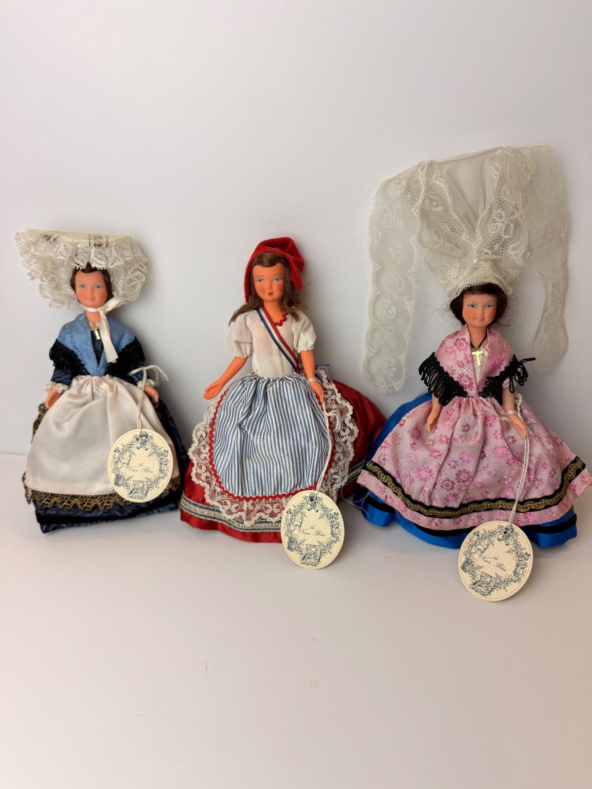 Vintage Petitcollin Rare French Costume Dolls Set of 3 Au Nain Bleu Paris