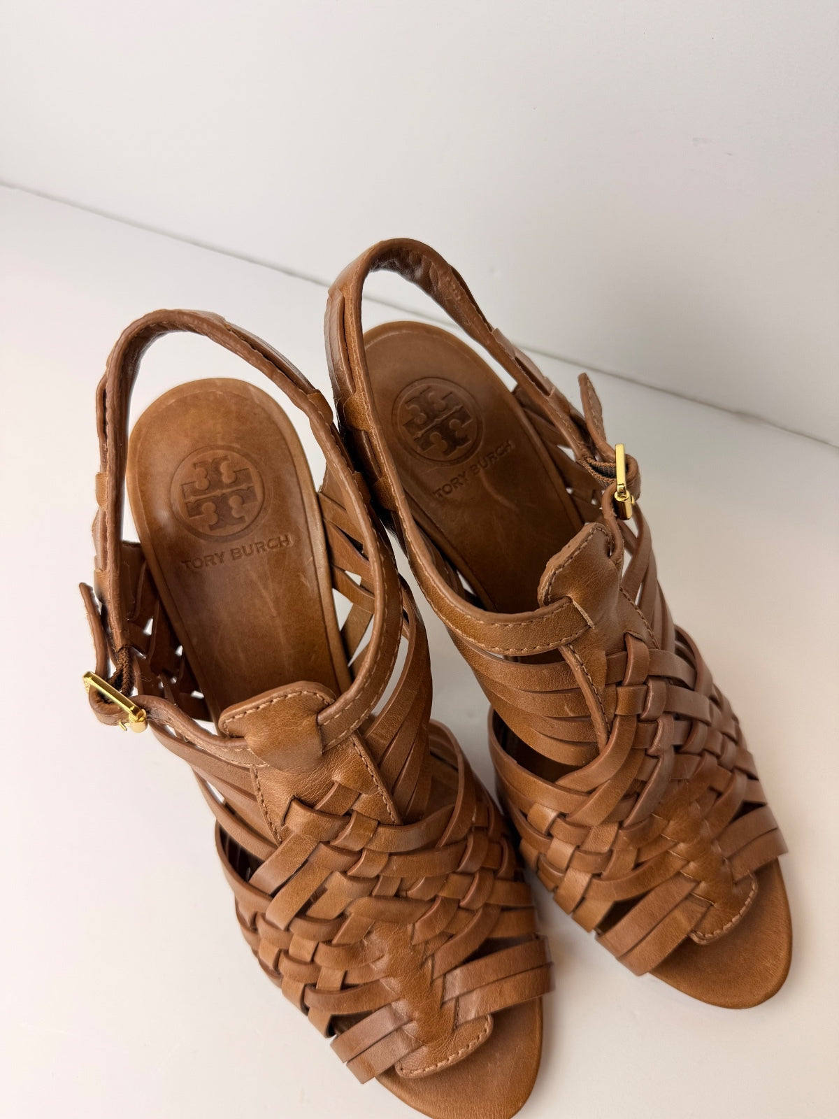 Tory Burch Nadia Tan Leather Woven Huarache Slingback Heels Sandals Size 7.5 PRE-OWNED