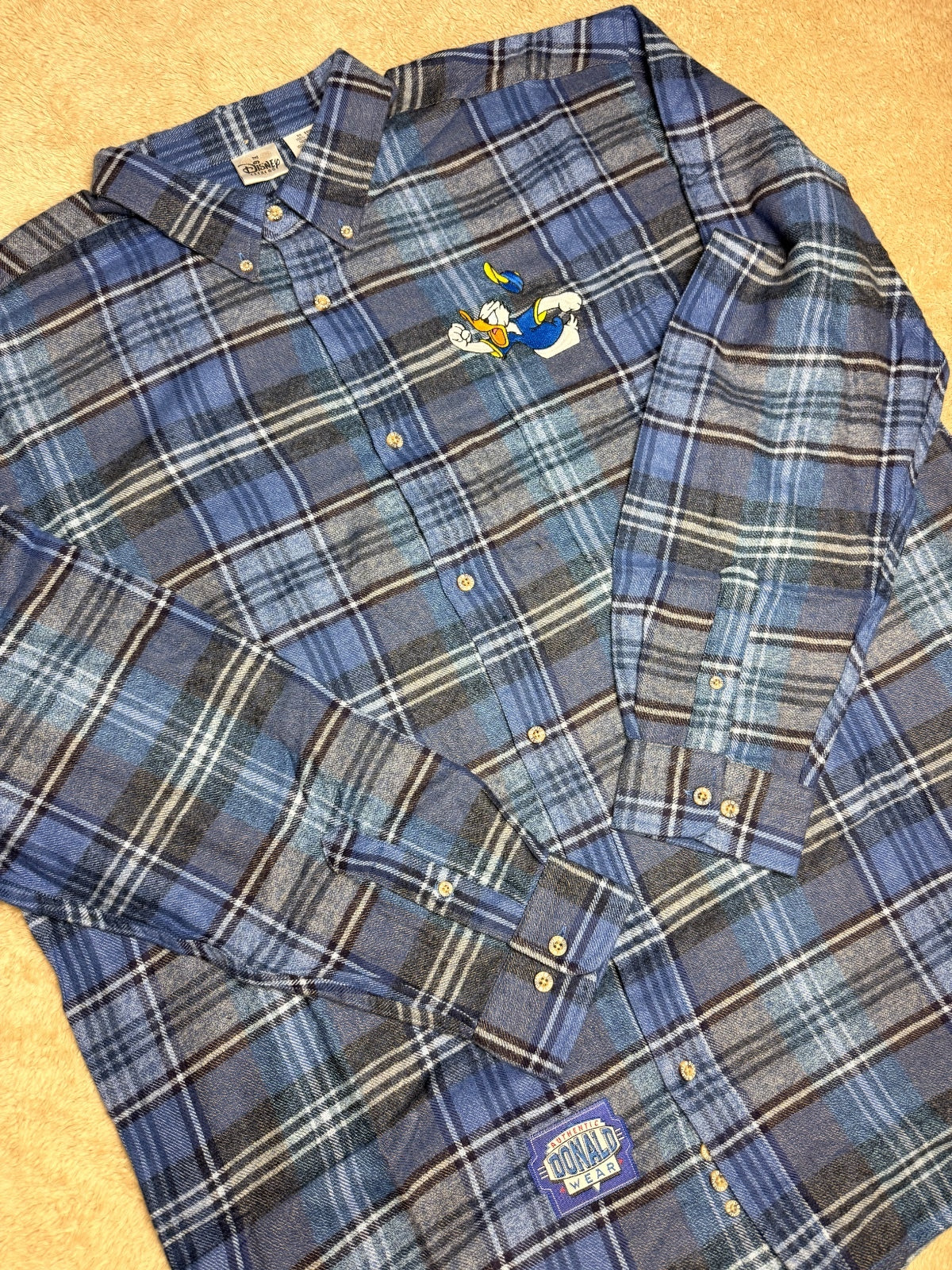 Vintage Disney Donald Duck Blue Plaid Flannel Button Down Shirt XL 100% Cotton NWOT