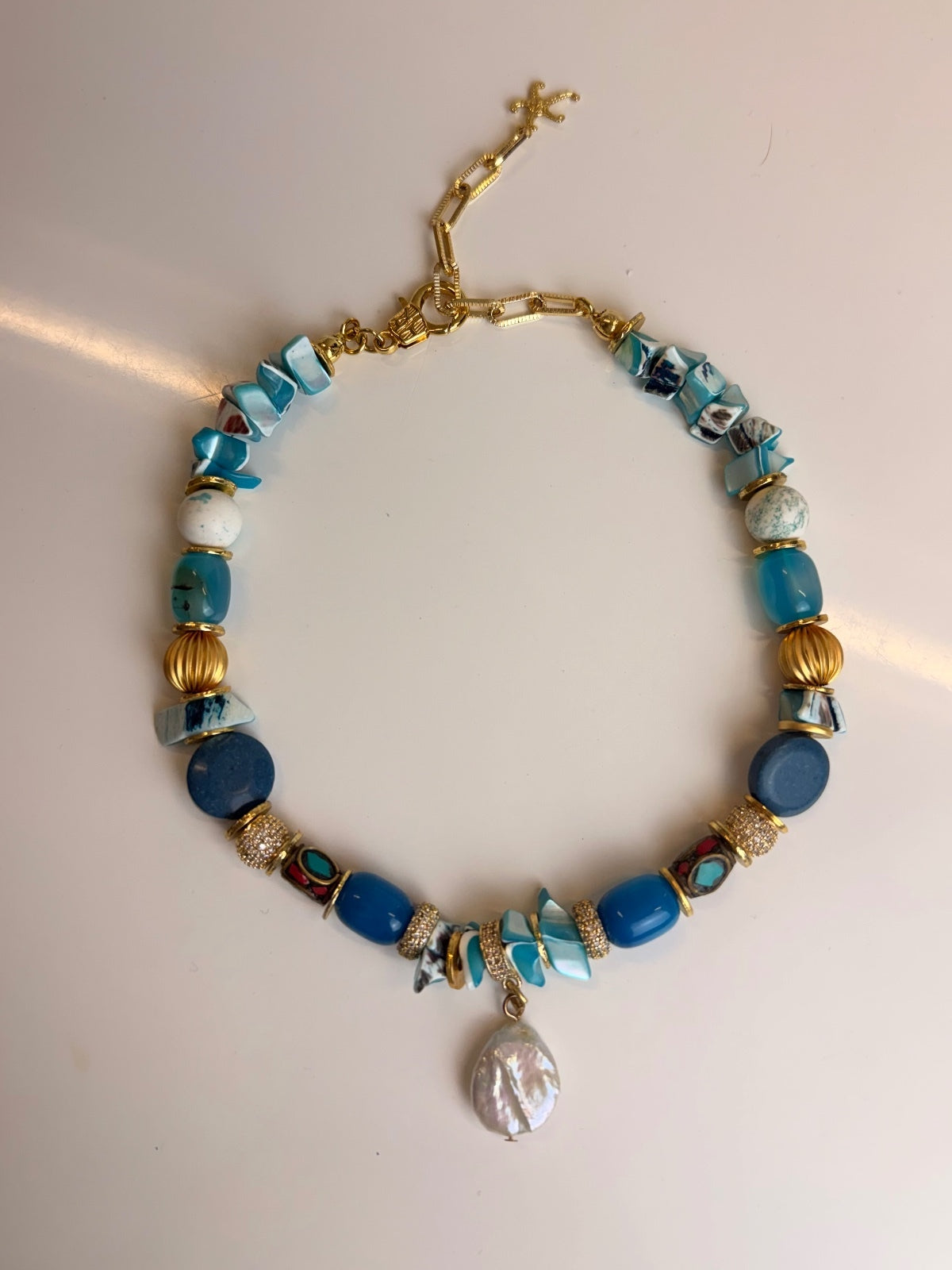 Handmade Natural Stone Statement Necklace with Pearl Drop Gold Tone Boho Luxe