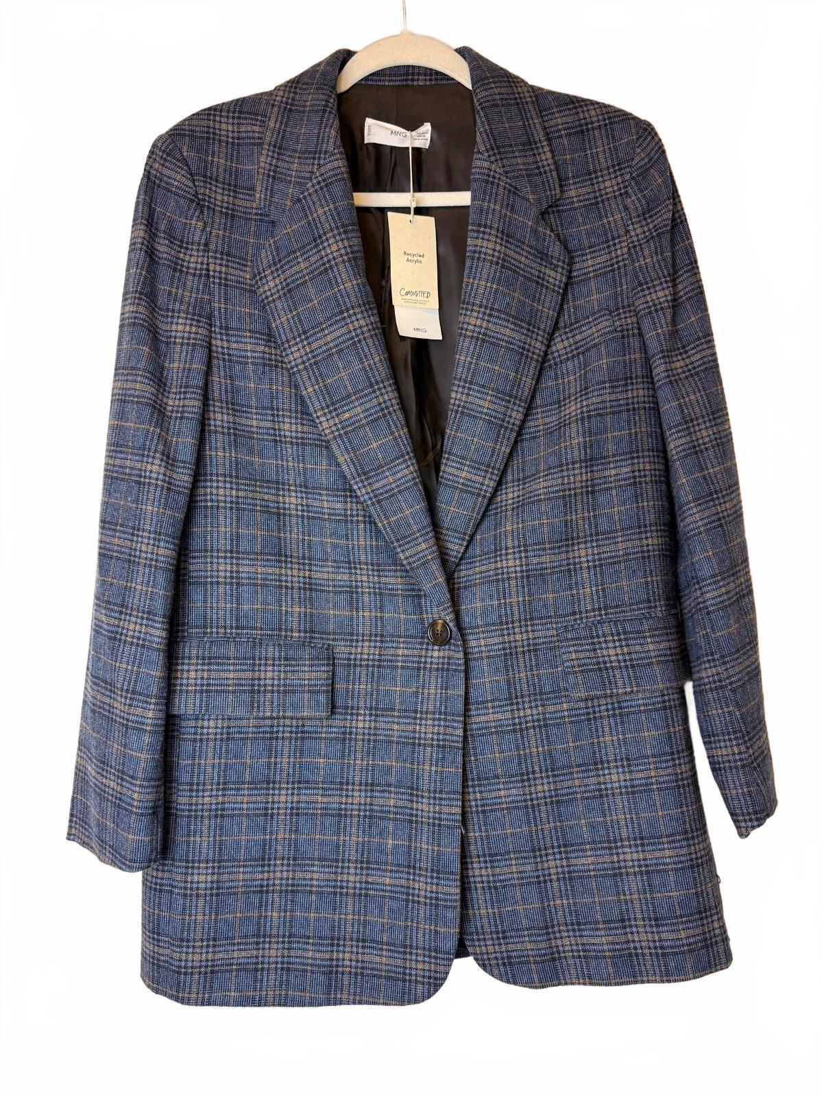 MANGO Paola Blue Plaid Wool Blend Blazer Jacket Women’s S NWT