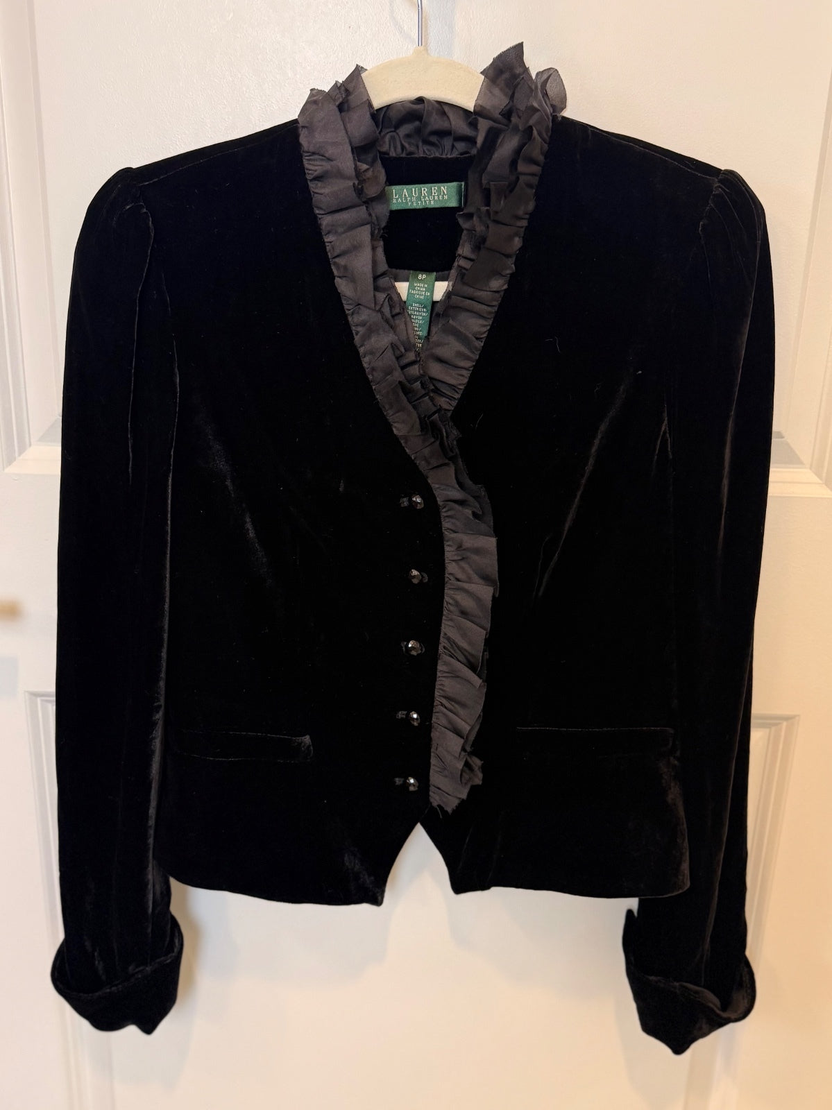Lauren Ralph Lauren Black Velvet Silk Ruffle Riding Jacket Blazer Size 8P PRE-OWNED