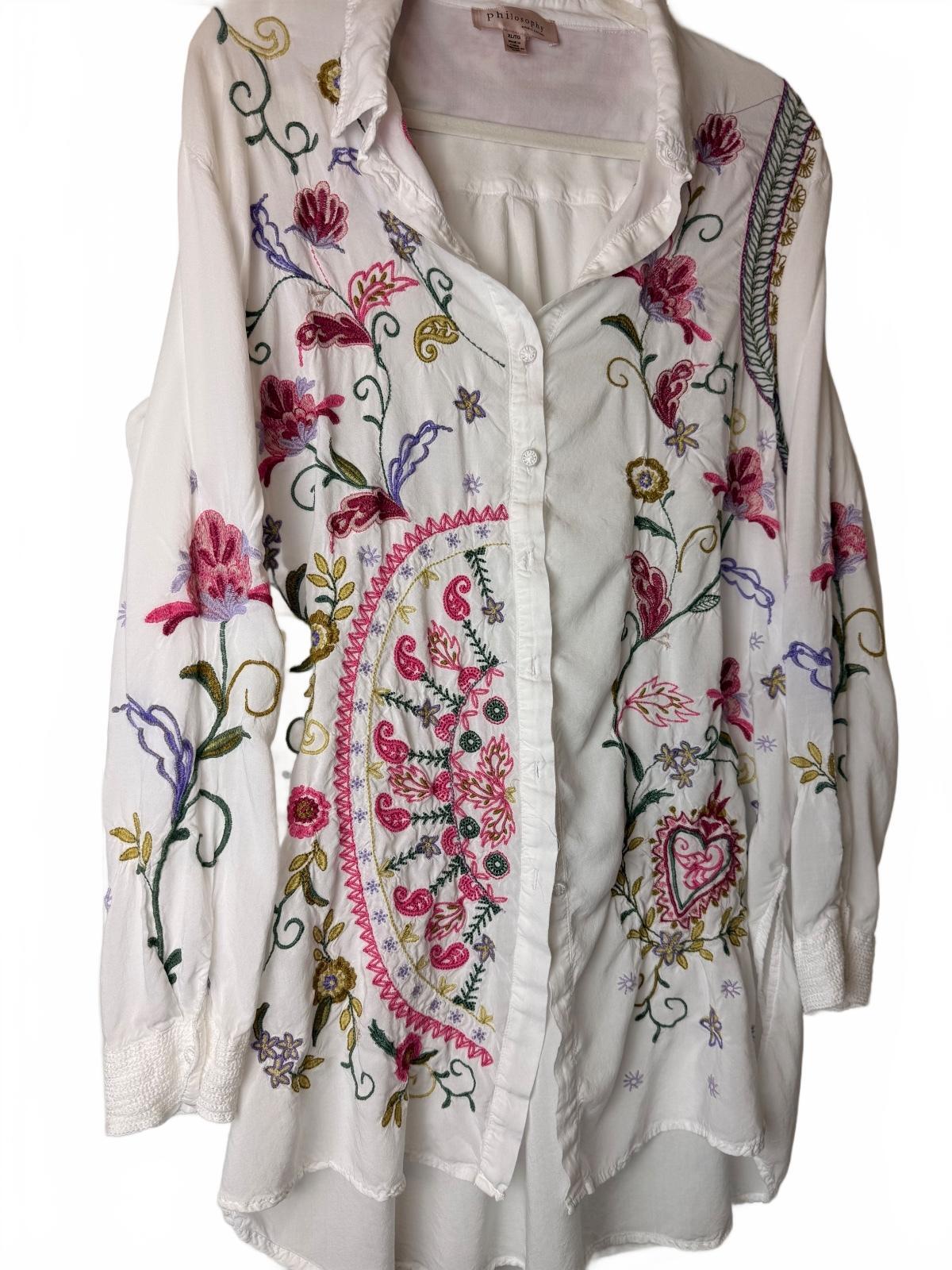 Philosophy Embroidered Boho Floral Tunic Shirt XL 100% Rayon