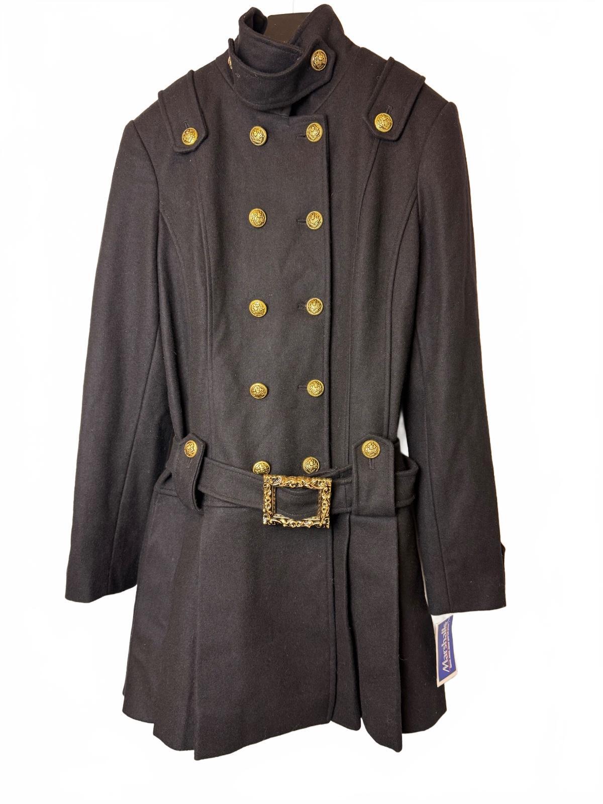GUESS Y2K Black Wool Blend Military Double Breasted Belted Coat Gold Buttons L