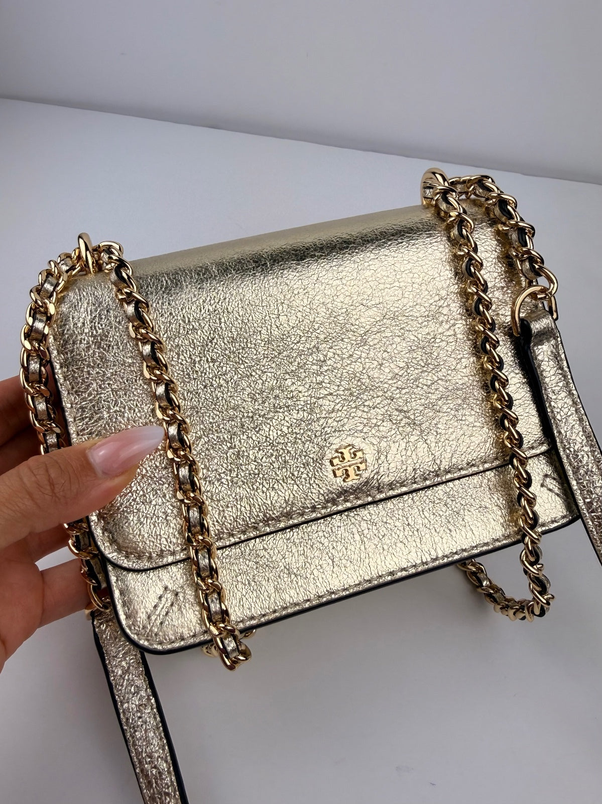 Tory Burch NWT Crinkle Metallic Mini Shoulder Bag Spark Gold 35629 Storage Marks